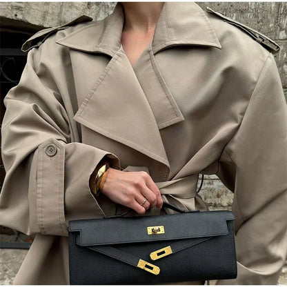 Solid Lapel Lace Up Trench Coat Women Fashion Full Sleeve Waist Cinching Short Windbreak New Autumn Office Commute Outwear 2026