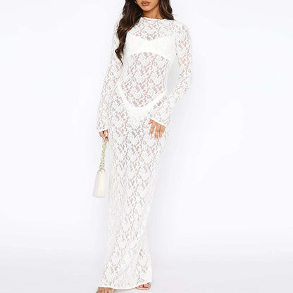 Sexy Women'S Summer O-Neck Long Sleeve Hollow Out White Lace Dress Streetwear Elegant See-Through Bodycon Black Party Dresses