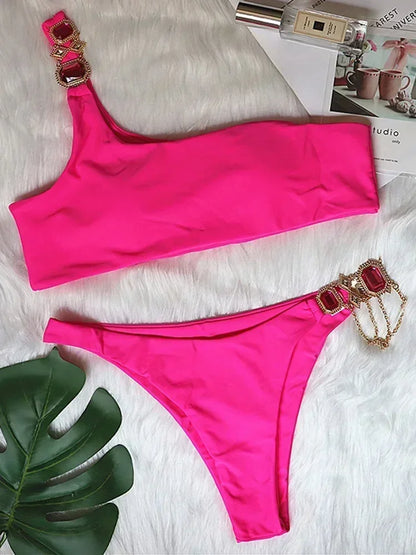 2026 Shiny Rhinestone Diamond Bikini Women Swimsuit Female Swimwear Two Pieces Bikini Set Halter Metal Chains Bathing Suit Swim