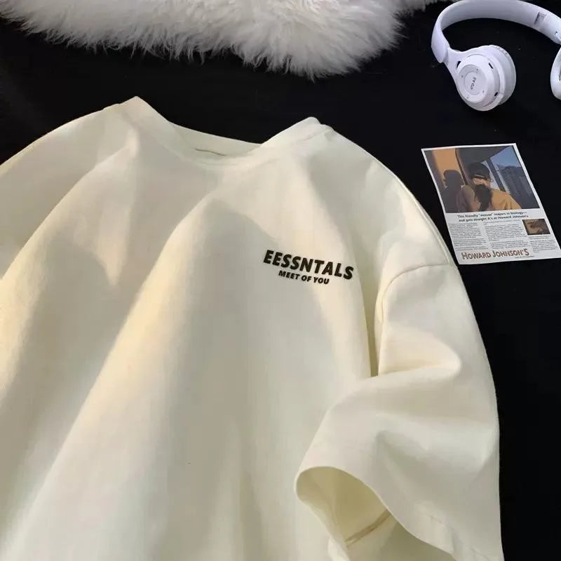 2026 Summer Men's Oversized Letter Print Short Sleeve T-shirt Casual Loose Crew Neck Tee Streetwear Tops for Men