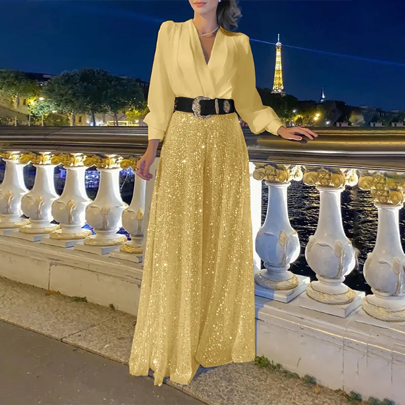 TARUXY Splice Sequins Maxi Dresses For Women Fashion Folds Loose V Neck Elegant Dress Femme Party Evening Dresses Luxury 2023