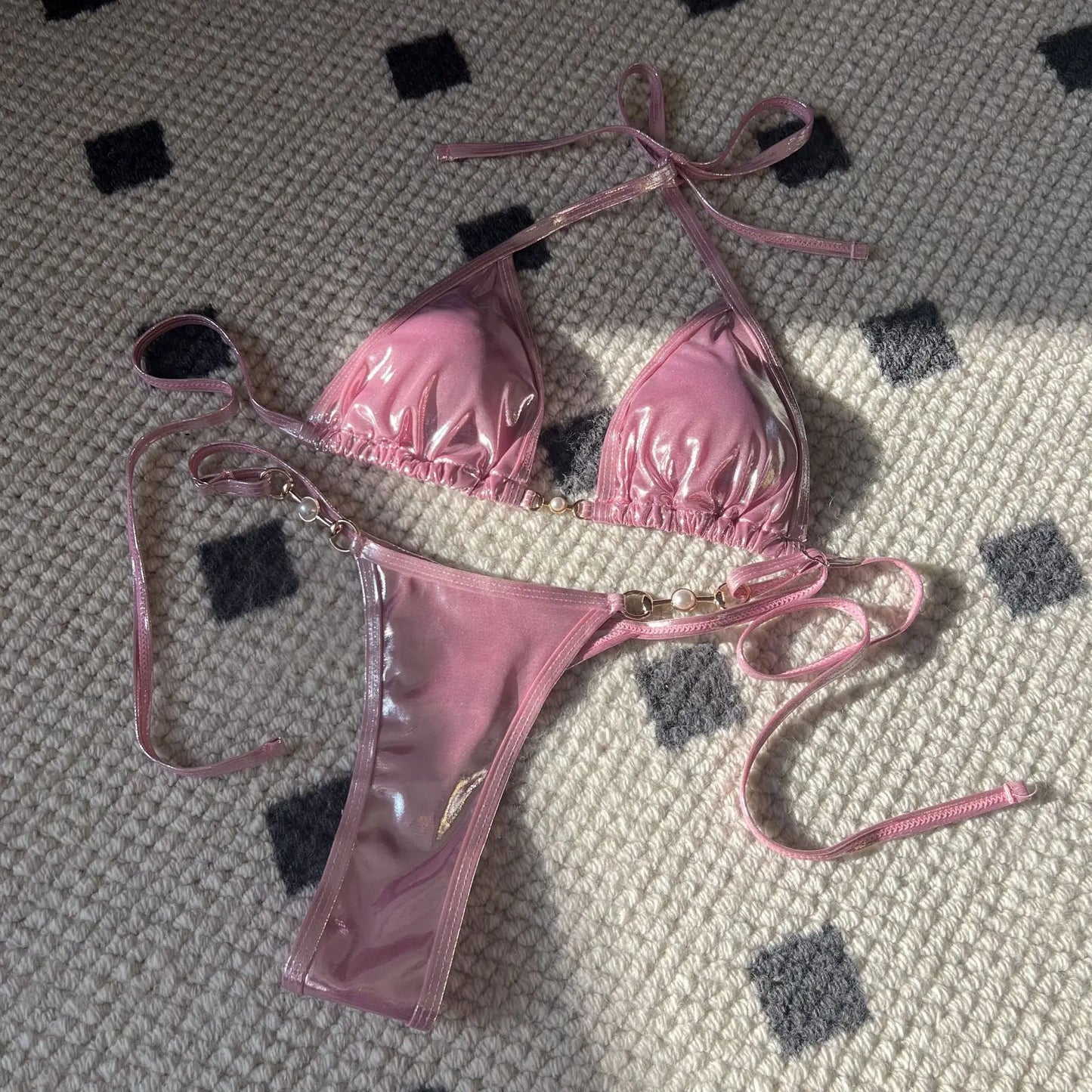 Shiny Pink Micro Bikini 2026 Mujer Women Sexy PU Pearls Push Up Thong Swimsuit Summer Bathing Suit Bandage Holiday Swimwear
