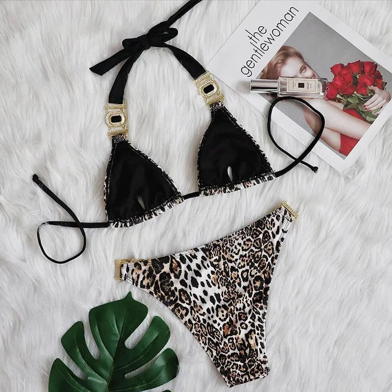 2026 Shiny Rhinestone Diamond Bikini Women Swimsuit Female Swimwear Two Pieces Bikini Set Halter Metal Chains Bathing Suit Swim