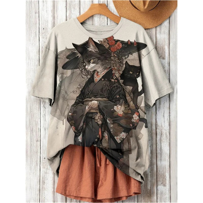 3D Printed Fashion Cat T Shirt For Women Japanese Cartoon Pattern Short Sleeves Summer Casual O-Neck Tops Tees Harajuku T-Shirts