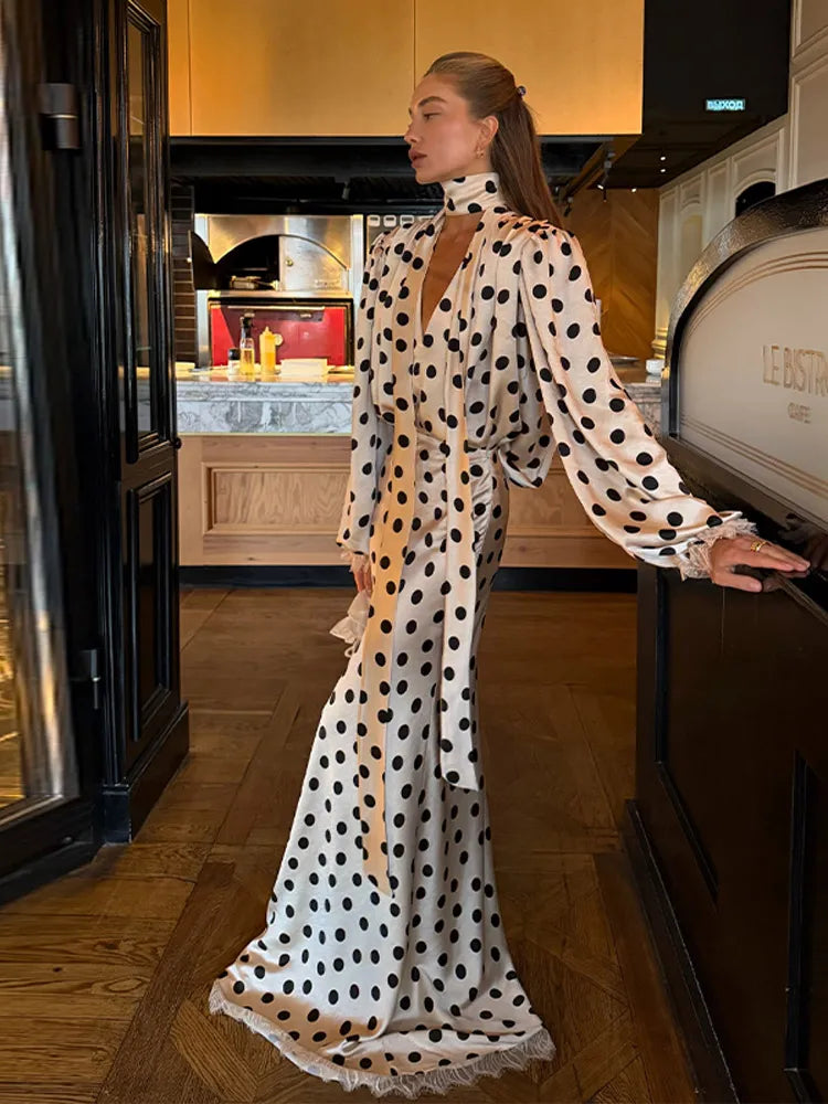 Satin Polka Dots V Neck Maxi Dress Suit Women Elegant Ribbon Full Sleeve Blouse Waist Cinching Long Skirt 2026 Lady Party Outfit