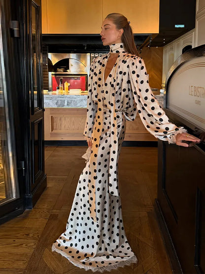 Satin Polka Dots V Neck Maxi Dress Suit Women Elegant Ribbon Full Sleeve Blouse Waist Cinching Long Skirt 2026 Lady Party Outfit