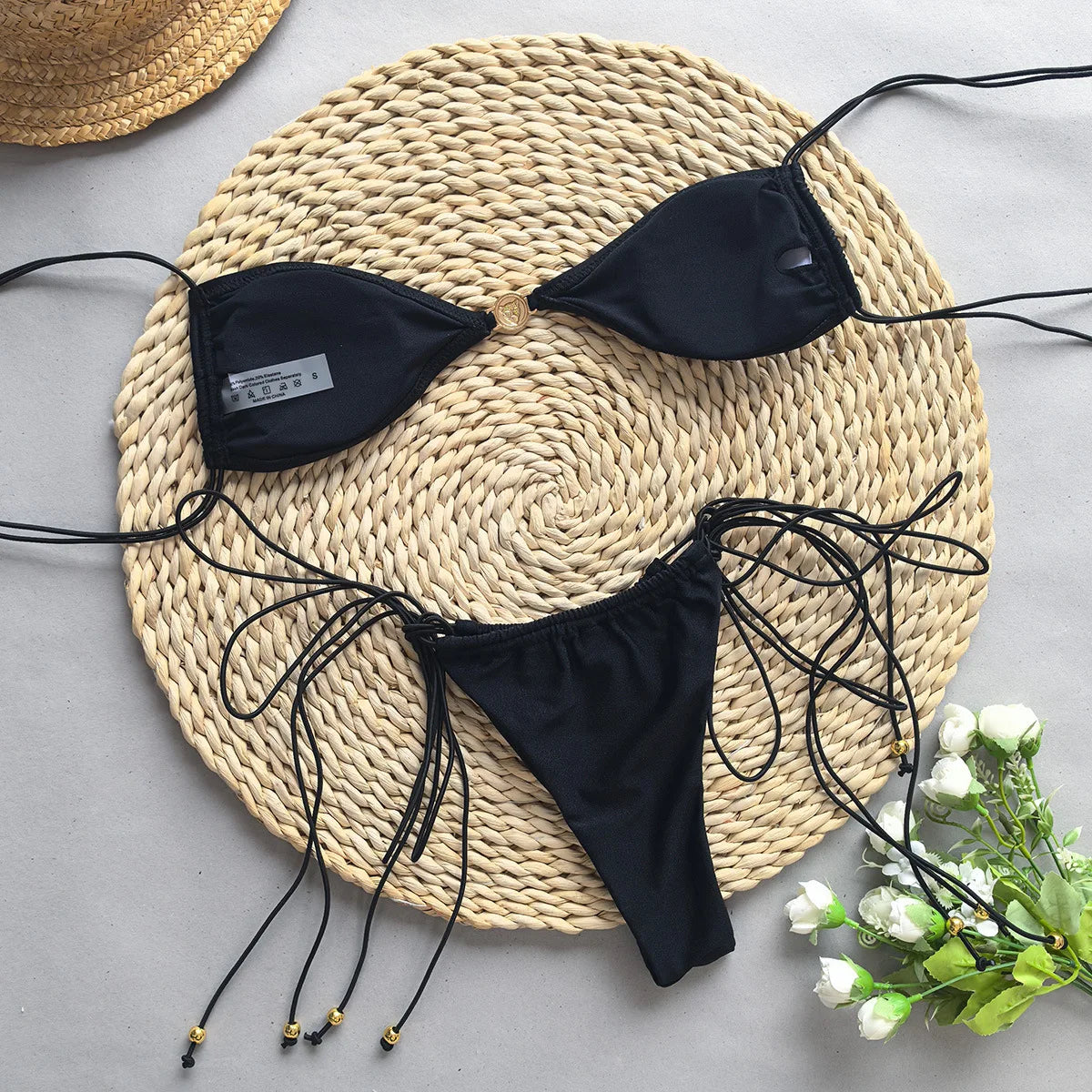Solid White Black Bikini for Women Cut Out Swimwear Low Waist Swimsuit Micro Bikinis Set Bathing Suit Triangle Beachwear 2024