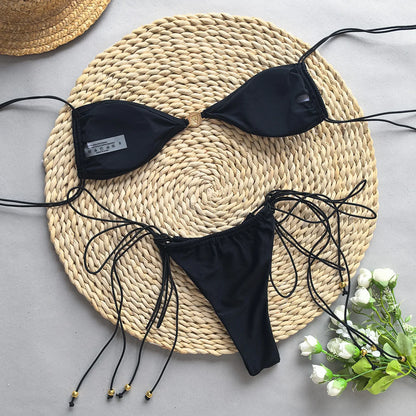 Solid White Black Bikini for Women Cut Out Swimwear Low Waist Swimsuit Micro Bikinis Set Bathing Suit Triangle Beachwear 2024