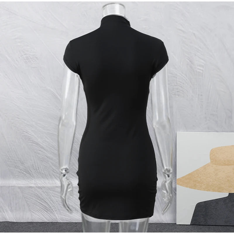 Black Hollow Out Kpop Mini Dress Women Elegant Turtleneck Short Sleeve High Waist Slim Dresses 2026 Lady Party Club Robes