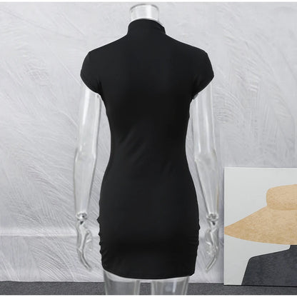 Black Hollow Out Kpop Mini Dress Women Elegant Turtleneck Short Sleeve High Waist Slim Dresses 2026 Lady Party Club Robes
