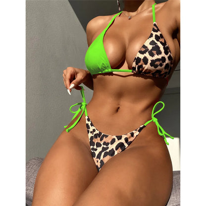 XS - L 8 Color Splicing Halter Leopard Bikini Female Swimsuit Women Swimwear Two-piece Bikini set Bather Bathing Suit Swim V3736