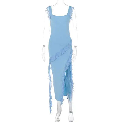 Giyu Sexy Ruffles Summer Dress 2025 Women Clothing Elegant Holiday Club Evening Party Dresses Slash Neck Split Bodycon Long Robe