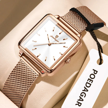 POEDAGAR Square Fashion Ladies Watch Waterproof Stainless Steel Mesh Watch For Woman Elegant Women's Quartz Watches Female Reloj