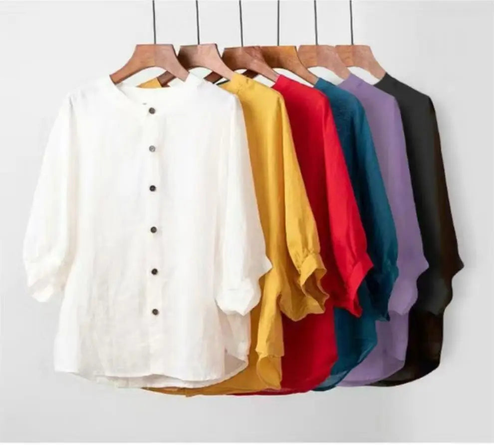 Cotton and linen shirt women's spring and summer thin solid color lantern sleeve stand collar top loose large size shirt