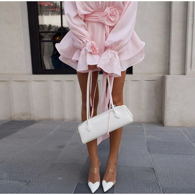 Elegant Pink Hollow Out Dress 2025 Lady 3d Flower A-line Mini Vestidos Women's Chic Long Sleeve O-neck Ruffles Hem Party Dresses