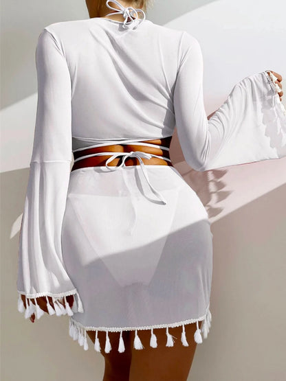 Sexy 4 Pieces Halter Bikinis Women Solid Swimwear Female Cover Up Swimsuit Long Sleeve And Skirt Bathing Suit Beachwear Summer