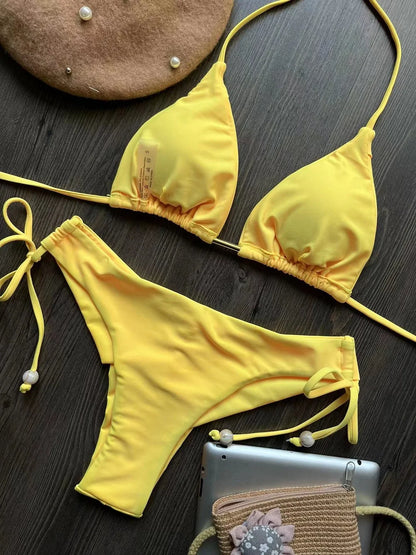 2025 New Sexy Triangle Bathing Suit for Women Brazilian Bikinis Halter Swimwear Push Up Swimsuit Metal Chain Beach Bikini Set