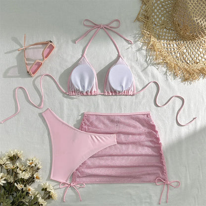 Sexy Pink Bikini Extrem String Backless Swimwear Mesh Skirt Women Push Up Swimsuit Black Y2K Thong Bikinis Beach Vacation Outfit