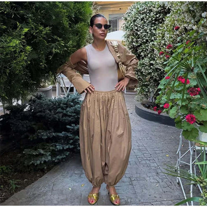 Women Low-rise Lantern Pants 3-piece Set Casual Striped Sleeveless Vest Long Sleeve Lapel Shirt Sets 2026 Lady Street Outfits