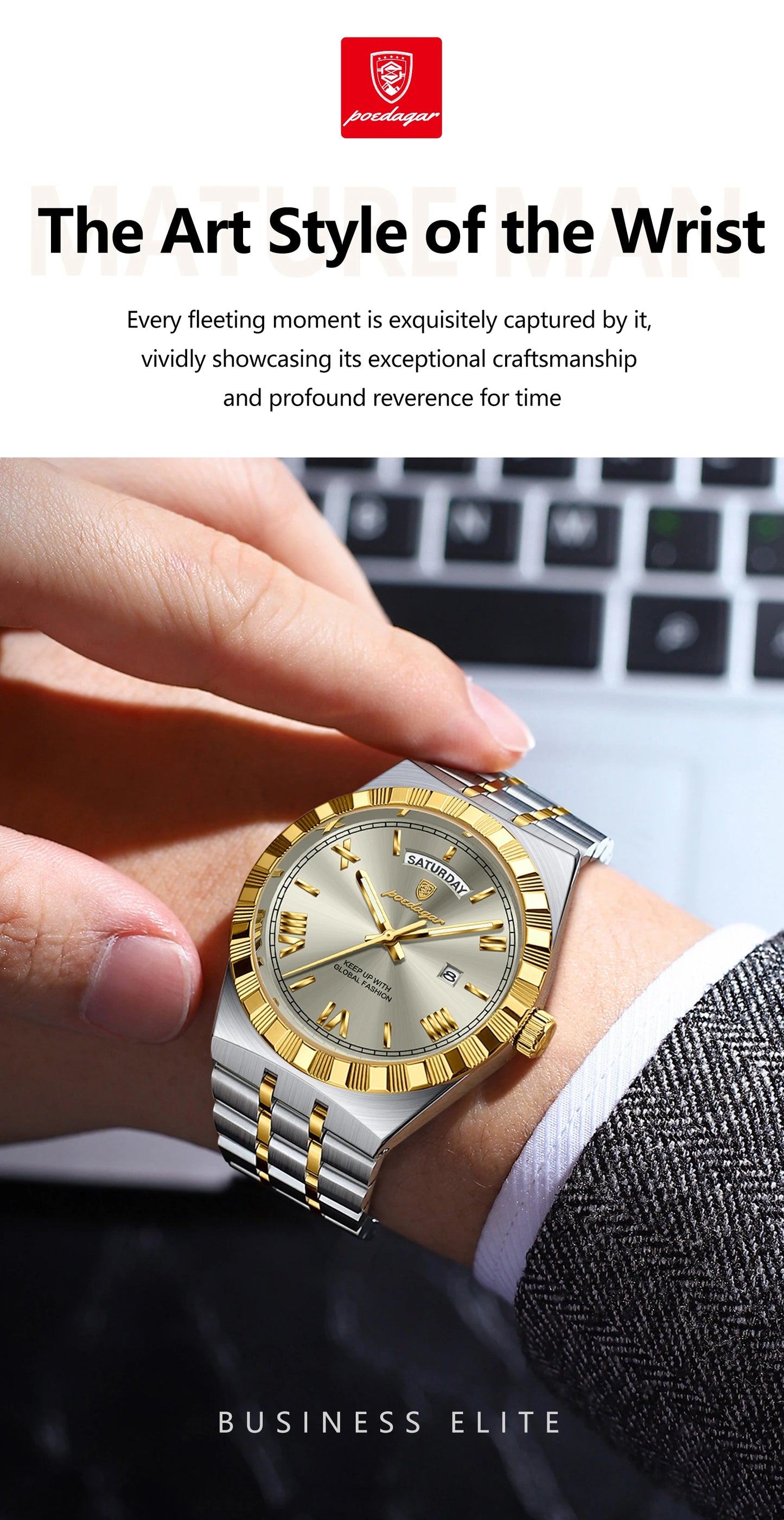 POEDAGAR Fashion Business Men's Watch Luminous Waterproof Week Date Luxury Man Wristwatch Stainless Steel Quartz Watches For Men