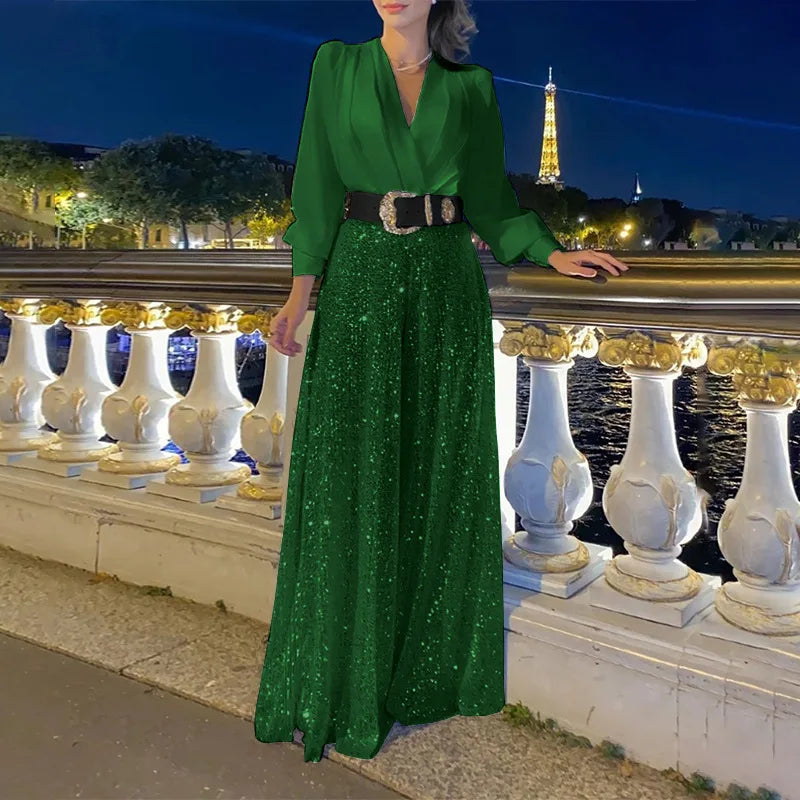 TARUXY Splice Sequins Maxi Dresses For Women Fashion Folds Loose V Neck Elegant Dress Femme Party Evening Dresses Luxury 2023
