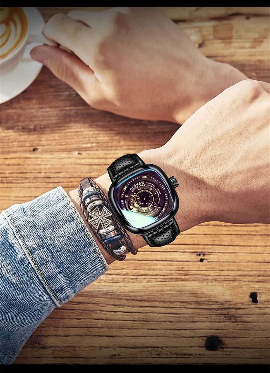 GLENAW Mechanical Watch for Men Breathable Leatherstainless Steel Automatic Skeleton Mens Watches Top Brand Luxury Reloj Hombre