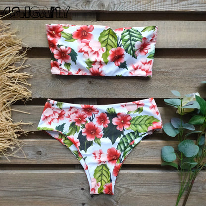 Reversible Bikinis Women Bandeau Swimwear Back Cross Halter Swimsuit Print High Waist Bathing Suit Femme Swim Wear Summer
