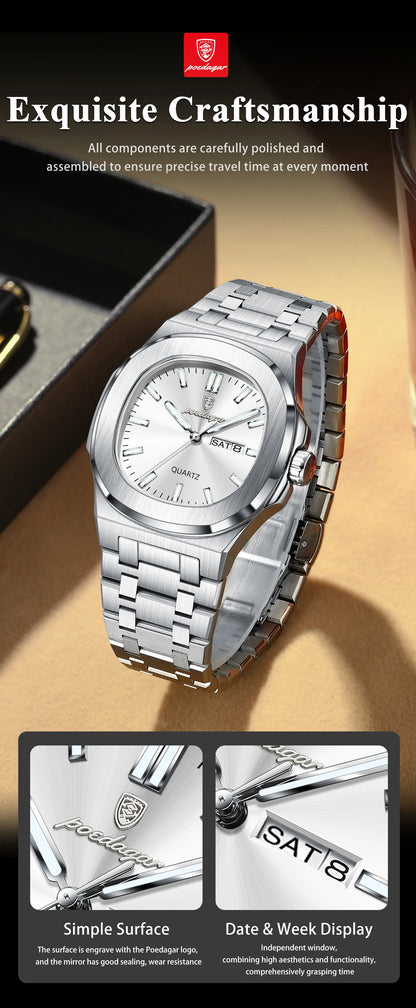 POEDAGAR Classic Square Men Wristwatch Waterproof Luminous Date Week Casual Man Clock Stainless Steel Men's Quartz Watches Reloj