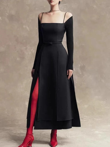 QMQA Fashion Women's Elegant Dresses Off The Shoulder Long Sleeve Split Asymmetric Hem Thin Middle Low Waist Dress New 1A200