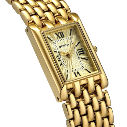 BERNY Luxury Women's Watches Fashion Ladies Square Casual Golden Quartz Watch Solid Stainless Steel Rectangle Girls Wristwatch