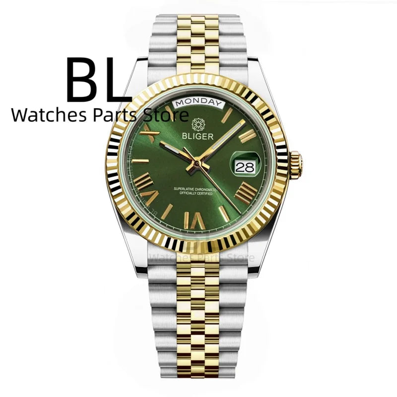 BLIGER 36mm39mm Silver Gold Luxury Enamel Dial Men's Watches Miyota8285 Week Date Function Waterproof Sapphire Glass Reloj Hombr
