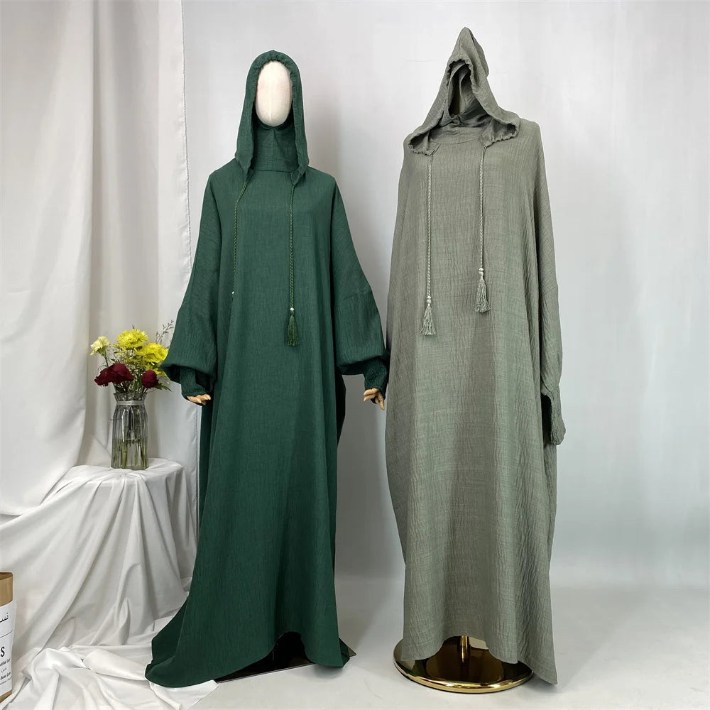 Hot Seller Ramadan Islamic Clothing Wrinkle Polyester Hoodie Abaya Dress With Undercap Muslim Women Abaya Hoodie Causal Dresses