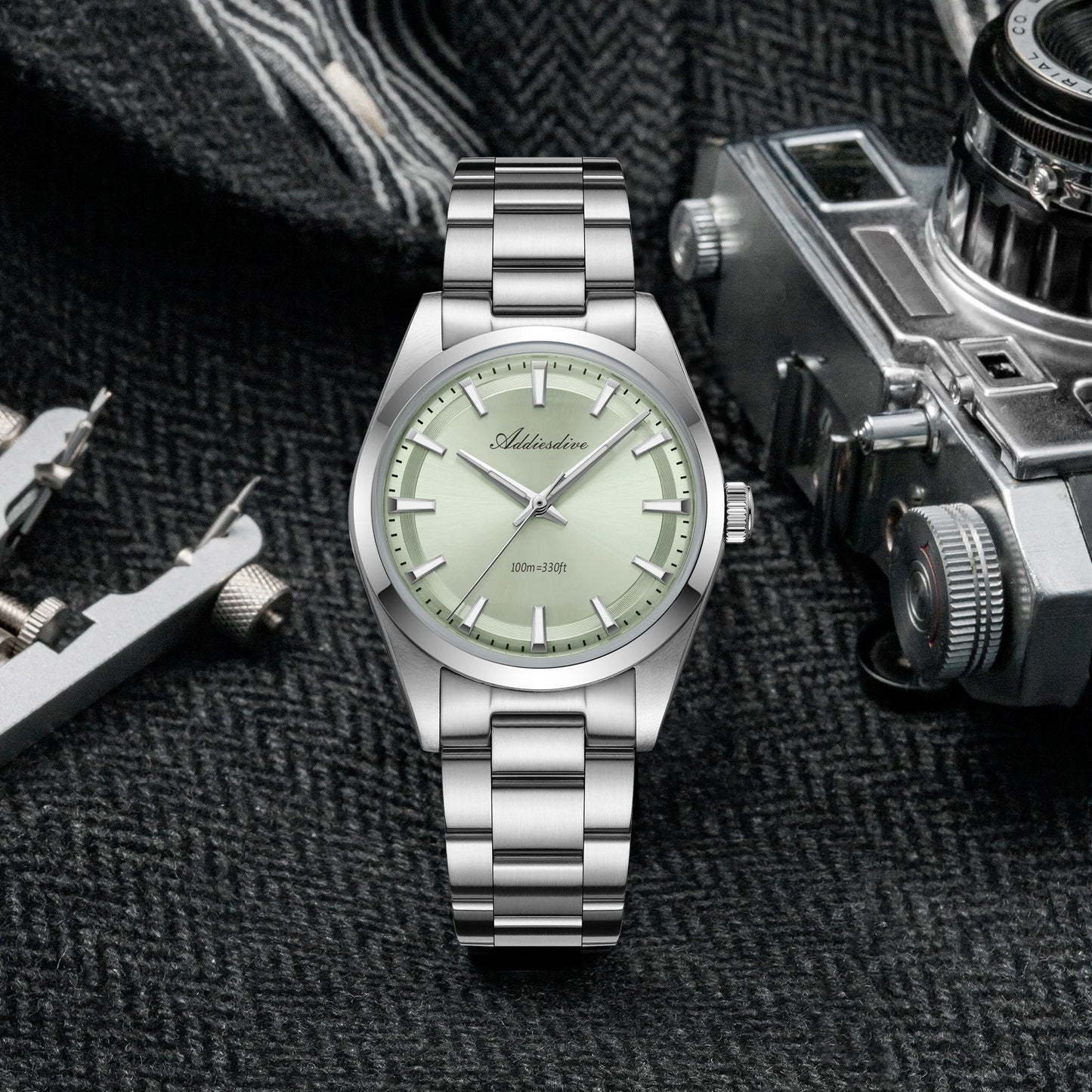 ADDIESDIVE Hot Sale AD2066 Mens Watch 36mm Bubble Mirror Glass Mint Green Quartz Watches Waterproof Luxury Stainless Steel Clock