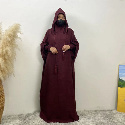 Hot Seller Ramadan Islamic Clothing Wrinkle Polyester Hoodie Abaya Dress With Undercap Muslim Women Abaya Hoodie Causal Dresses