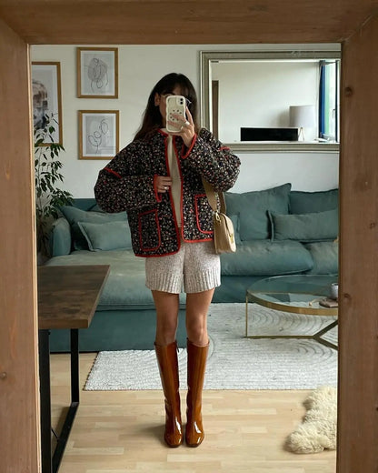 New Women's Floral/Gingham Print Lightweight Quilted Parkas Woman Long Sleeve Pockets Vintage Winter Jacket Coat Streetwear Tops