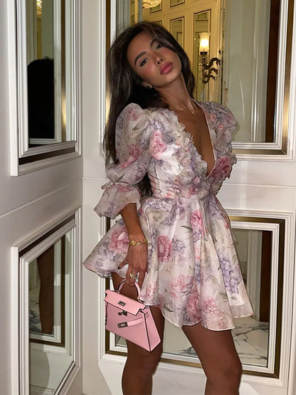 Trendy Floral Print Flare Sleeve V Neck Mini Dress Elegant High Waist Pleated Woman Vestidos 2025 New Autumn Evening Party Gown