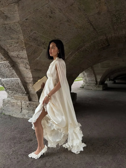 Elegant Ruffle V-neck Maxi Dress Women Chic Lapel Pleated Sleeveless High Waist Dresses Fashion 2025 Summer Lady Vacation Robes