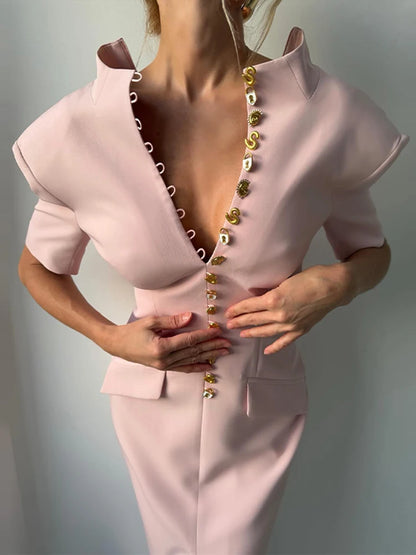 Women's High Neck Bodycon Midi Dress Short Sleeve Gold Button Split Hem Dresses 2026 Female Elegant Formal Evening Party Robe