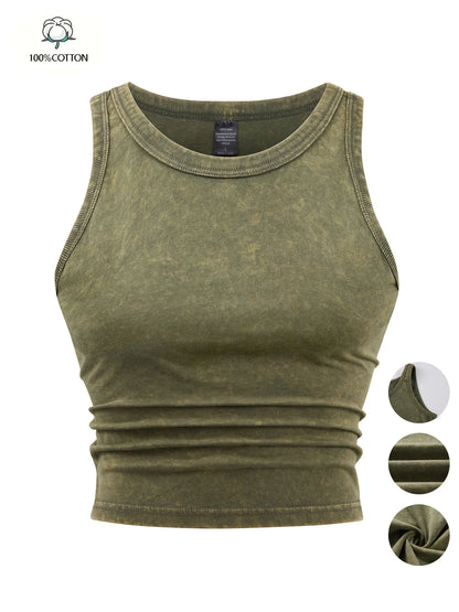 Y2k Cotton Solid Tank Tops For Womens Summer Sexy Sleeveless O-Neck Tight Washed Crop Tees Casual All-math Basic Streetwear