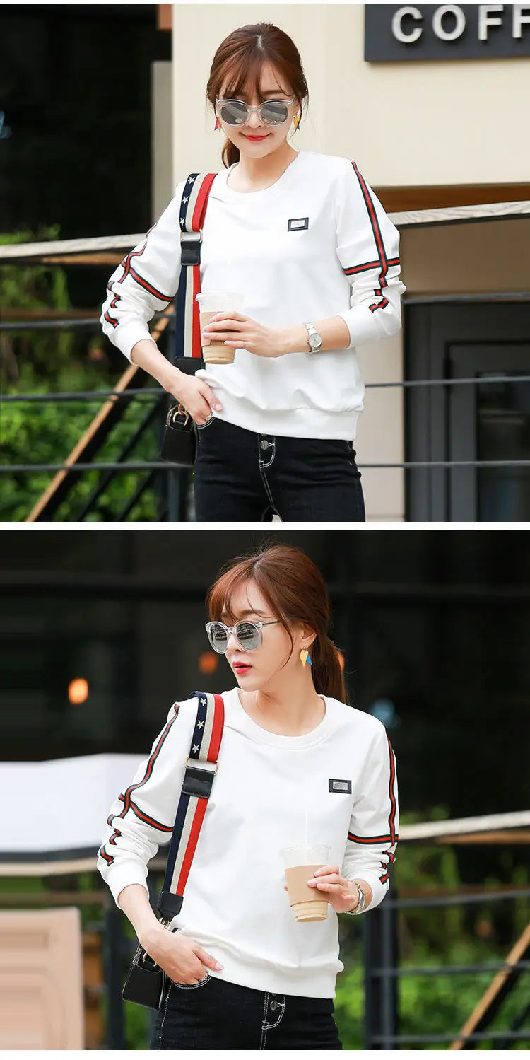 Spring Lady New Loose Appear Thin Long Sleeved Thin Style Korean Round Neck Patchwork Contrasting Colors Insert All-match Tops