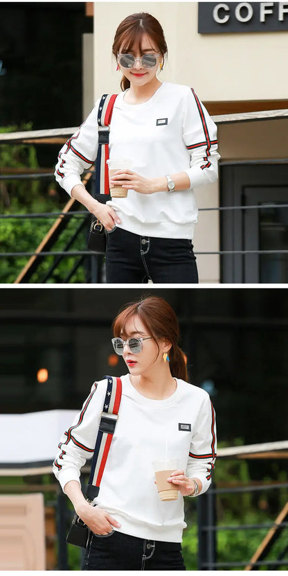 Spring Lady New Loose Appear Thin Long Sleeved Thin Style Korean Round Neck Patchwork Contrasting Colors Insert All-match Tops
