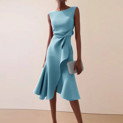 Women Crew Neck Ruffle Banquet Dress Elegant Spring Solid High Waist Slim Long Dress 2025 Summer Sleeveless A-Line Party Dresses