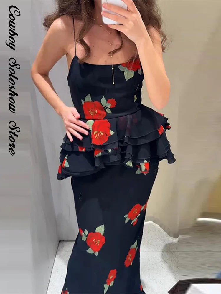 Printed Ruffle Top Skirt Set Women Slim Sling Sleeveless Backless Vest Straight Long Skirts 2025 Summer Elegant Sexy Lady Outfit