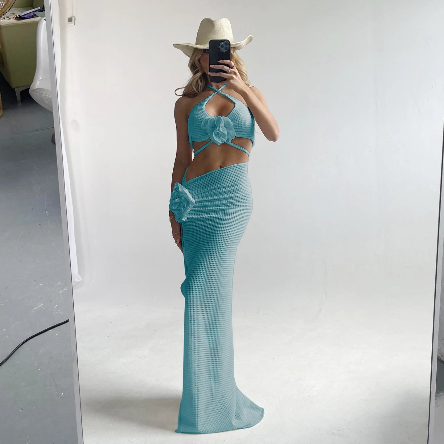 2025 3pack Bikini with Beach Skirt Swimwear Women 3D Flower Swimsuit Halter Bathing Suit Beachwear Bikini Set Biquini