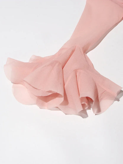 VGH Sweet Ruffles Elegant Knee Length Dresses for Women Round Neck Flare Sleeve High Waist Spliced Button  A Line Dress Female