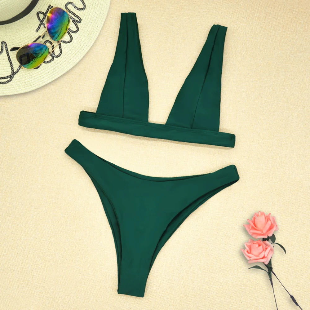 2023 New Sexy Solid Bikini Women V-neck Swimwear Two Pieces Swimsuit Female Low Waist Bikini Set Brazilian Bathing Suit Bathers