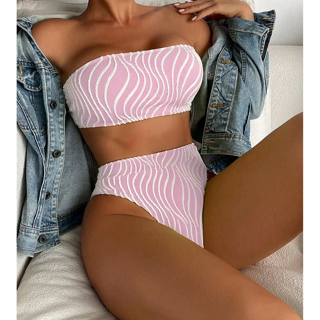Sexy Wave Striped Bandeau High Waist Bikini Female Swimsuit Women Swimwear Two-pieces Bikini set Bather Bathing Suit Swim K5445