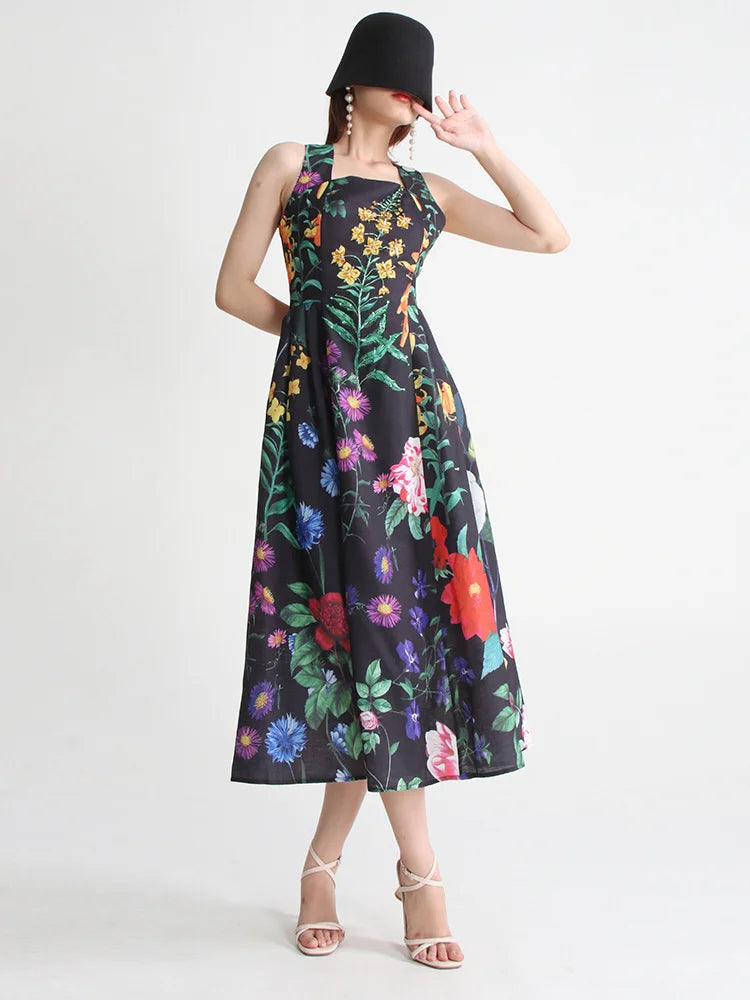 TWOTWINSTYLE Summer Loose Dress For Women Square Collar Sleeveless High Waist Print Colorblock Midi Dresses Female Clothing 2022