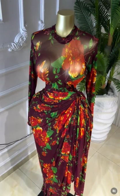 CM.YAYA Women Floral Print O-neck Ruched Bodycon Long Maxi Dress 2026 summer Evening Birthday Club Party Vestidos Sexy Dresses