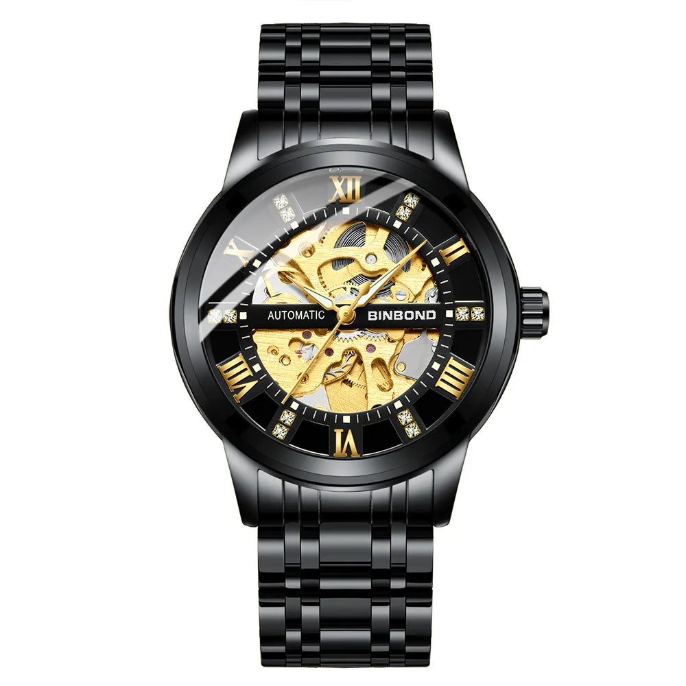 Bindond Mens Automatic Mechanical Watches Top Brand Luxury Stainless Steel Waterproof Hollow Male Wristwatches Relogio Masculino
